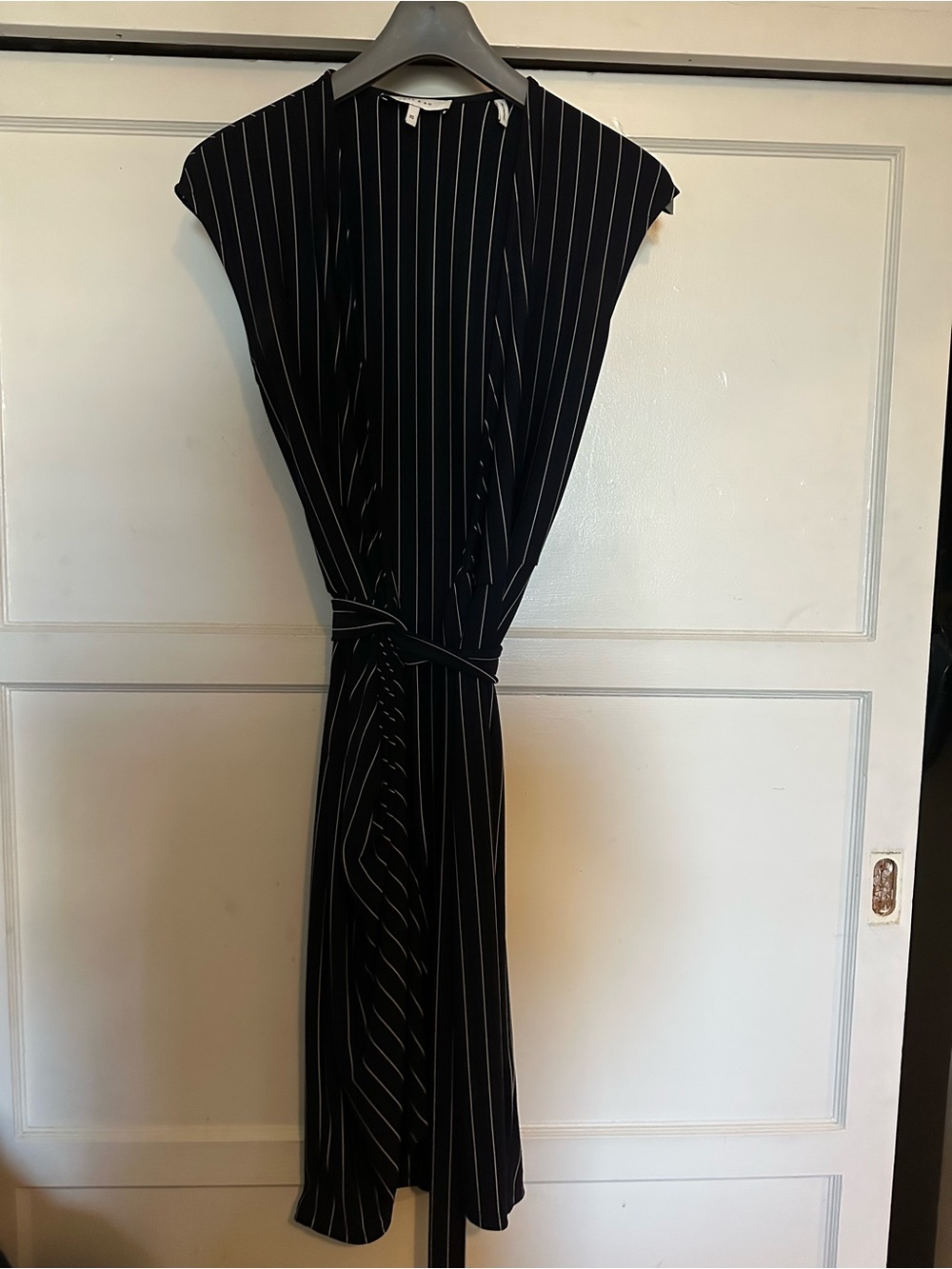 Lark & Ro Black Dress with White Pinstripes and Tie Waist
